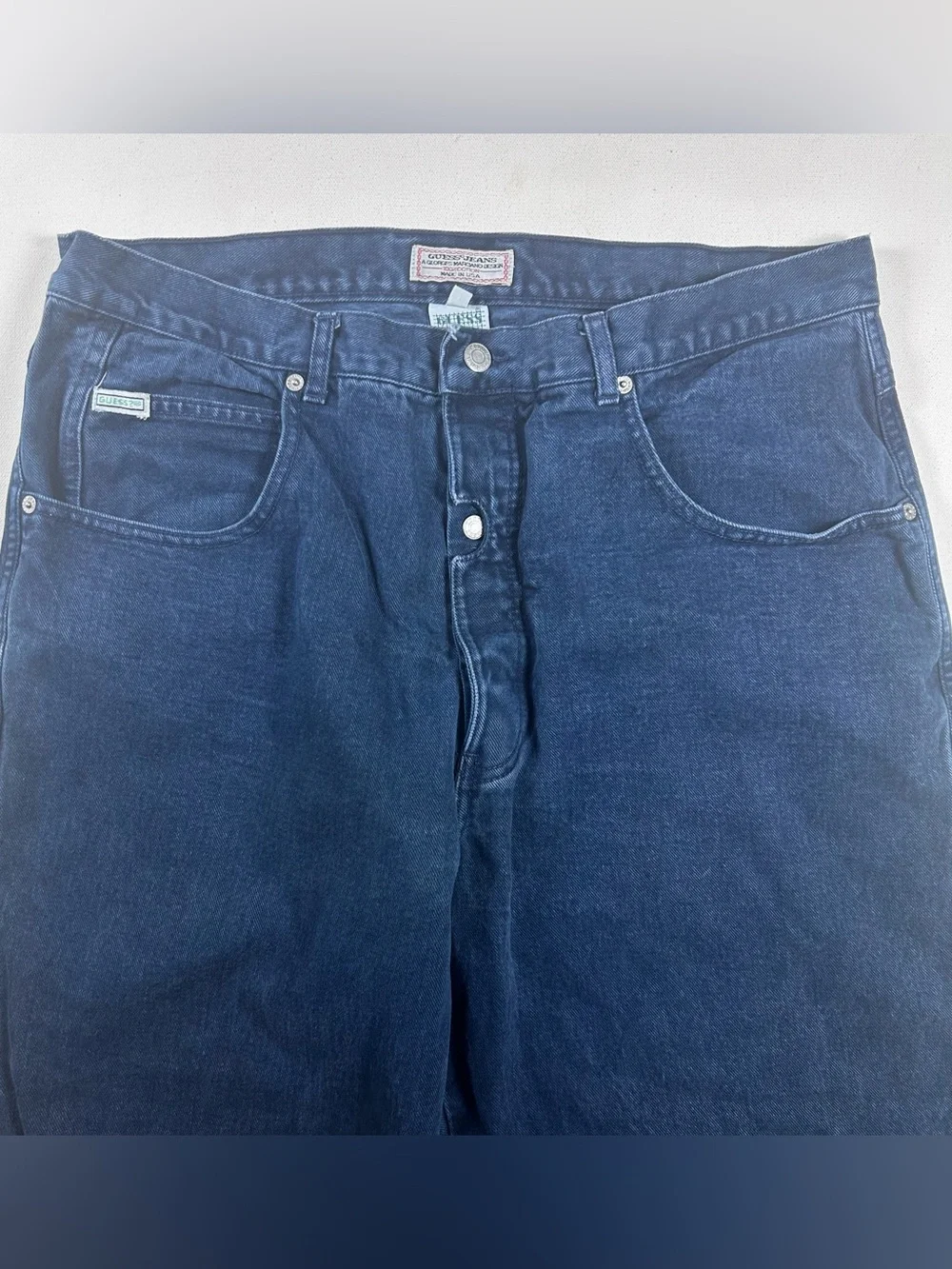 VTG 90s Guess USA Jeans Fits: 36X31 Baggy Taper Leg Mens Blue Unique Button Fly